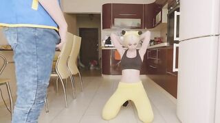 Beautiful blonde in a Pikachu costume sucks a guy before fucking him in the ass